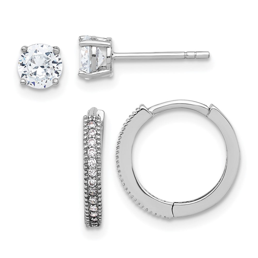 Sterling Silver Rh-plated CZ 2mm Hoop and 5mm Stud Post Earring Set - Product Photo