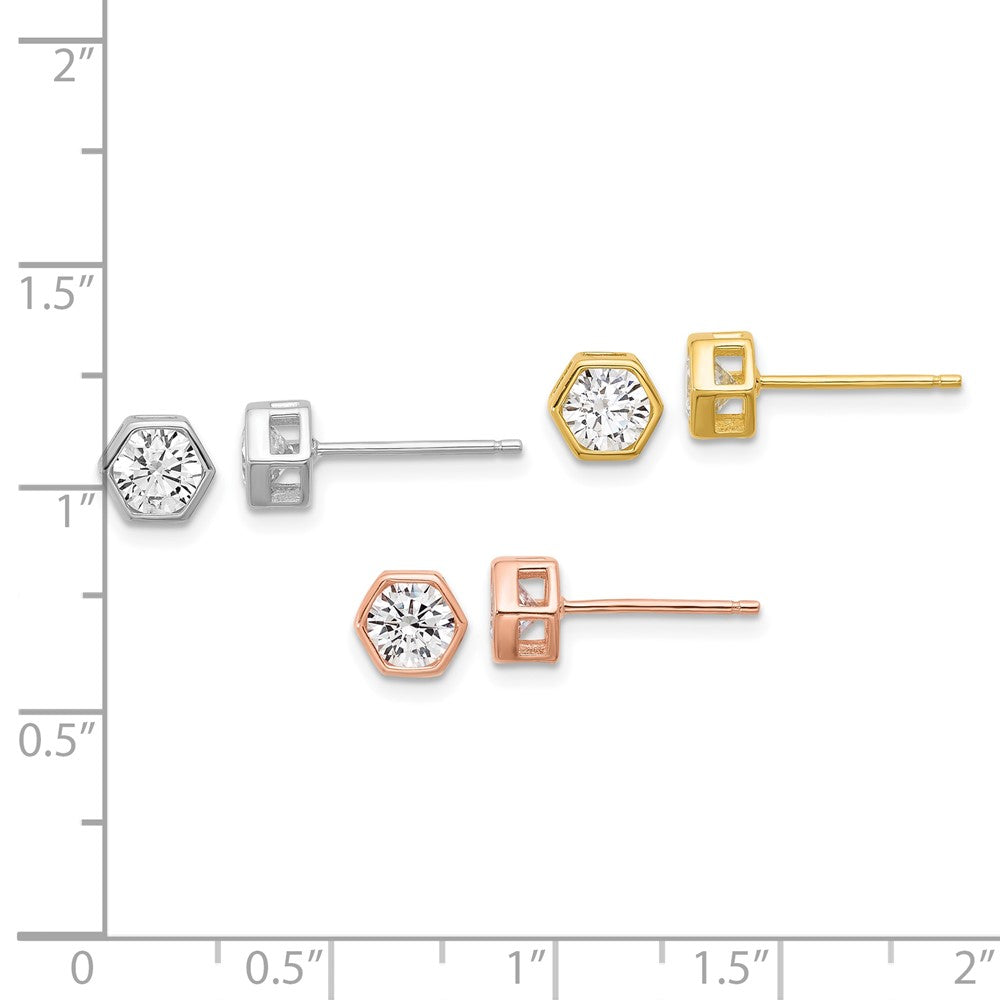 Sterling Silver RH-plated Rose and Gold-tone CZ Set of 3 Post Earring Set - Product Photo