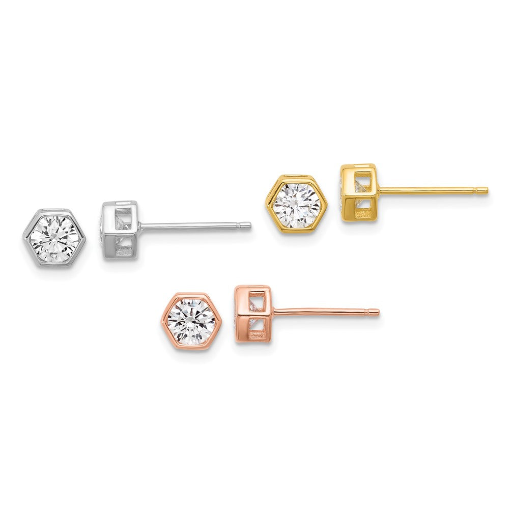 Sterling Silver RH-plated Rose and Gold-tone CZ Set of 3 Post Earring Set - Product Photo