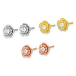 Sterling Silver Rhod-plt/Gold/Rose-tone CZ Rose 3 Pair Earrings Set - Product Photo