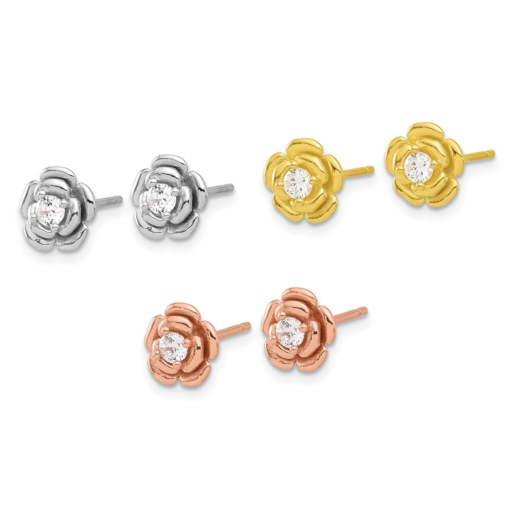Sterling Silver Rhod-plt/Gold/Rose-tone CZ Rose 3 Pair Earrings Set - Product Photo