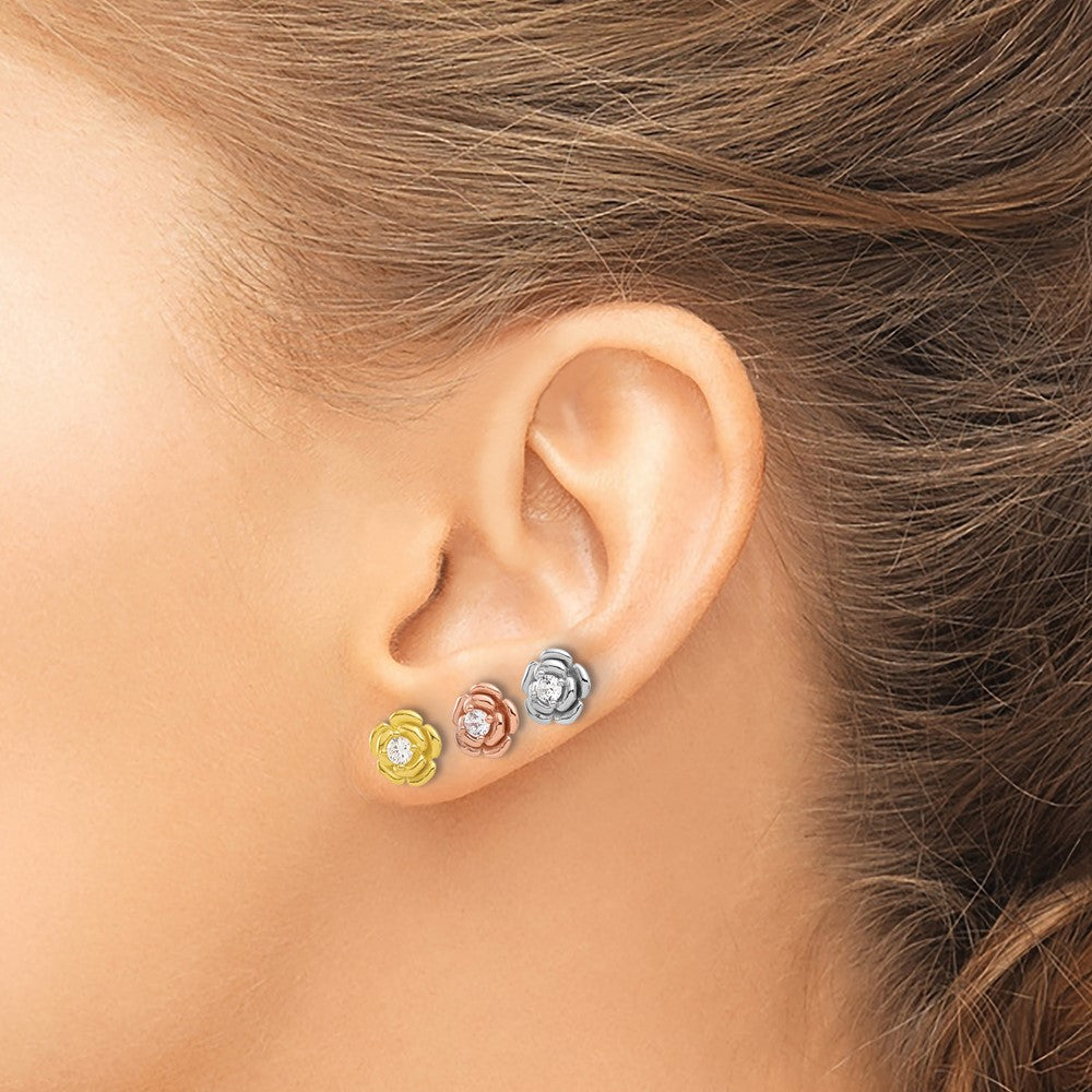 Sterling Silver Rhod-plt/Gold/Rose-tone CZ Rose 3 Pair Earrings Set - Product Photo