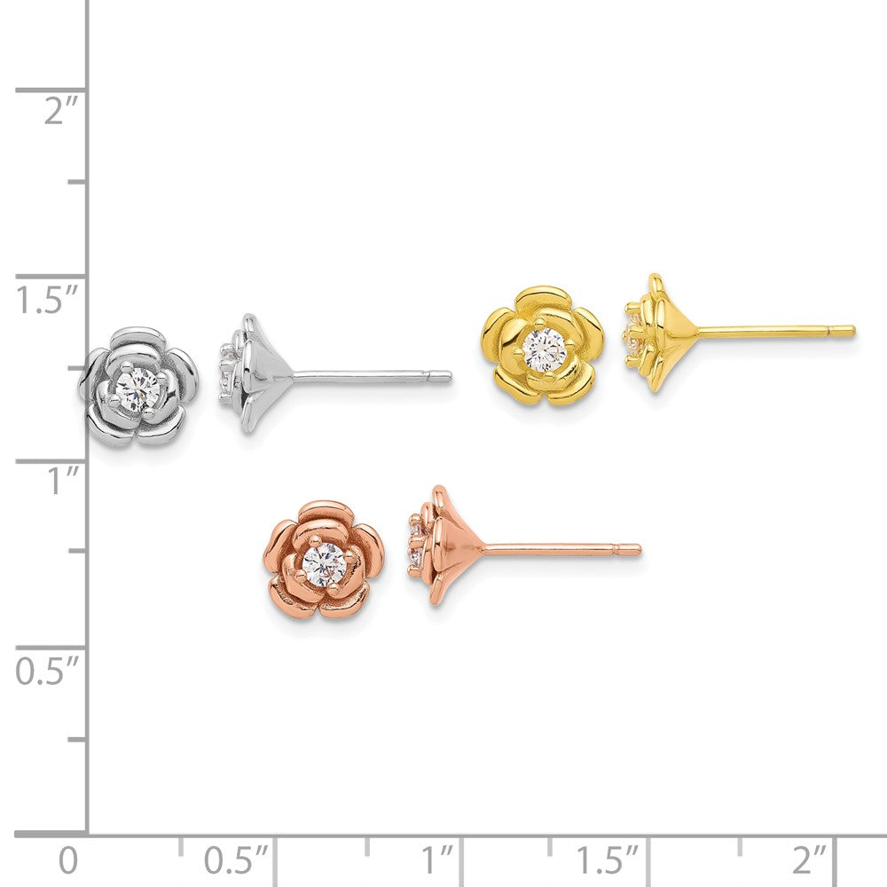 Sterling Silver Rhod-plt/Gold/Rose-tone CZ Rose 3 Pair Earrings Set - Product Photo