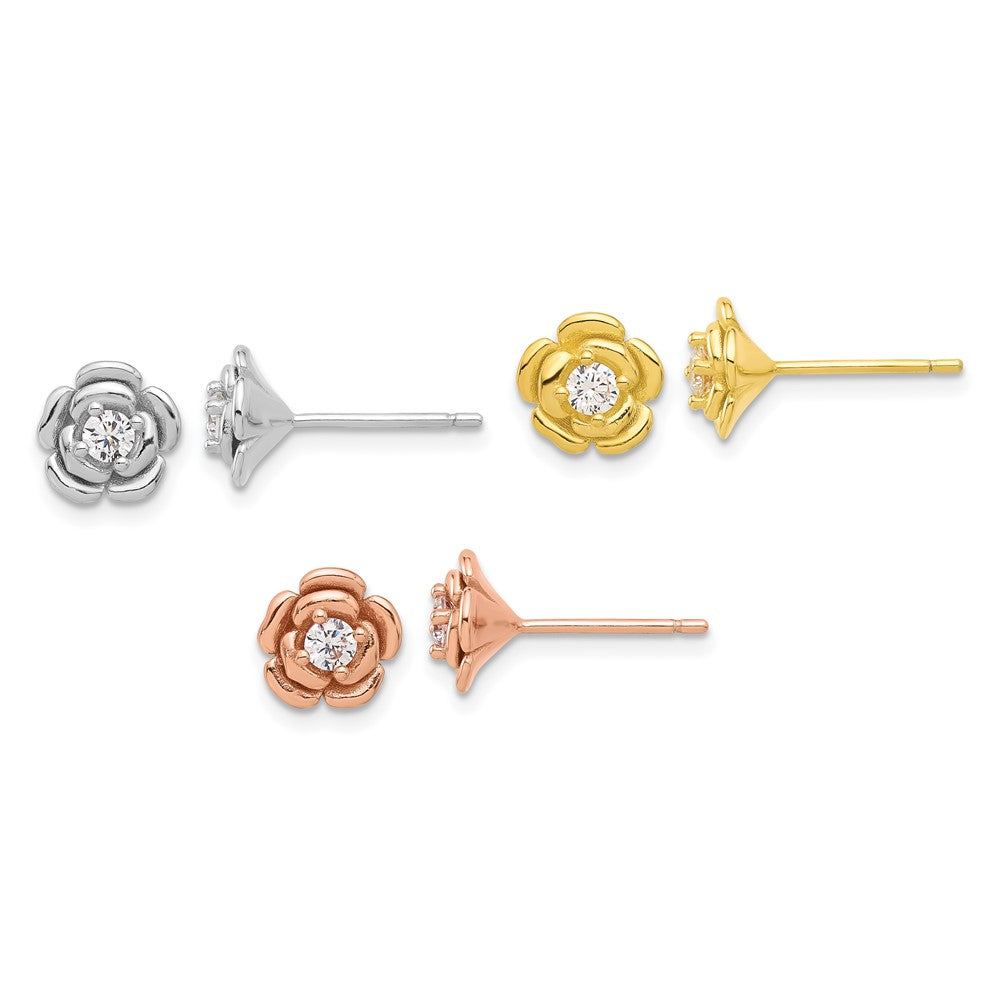 Sterling Silver Rhod-plt/Gold/Rose-tone CZ Rose 3 Pair Earrings Set - Product Photo