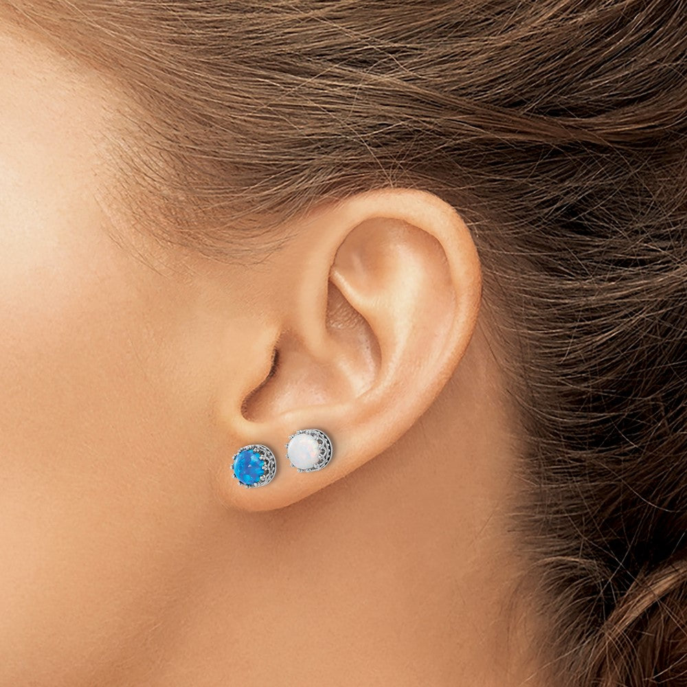 Sterling Silver Rh-plated 7mm Cr. Blue Opal / White Opal Post Earring Set - Product Photo