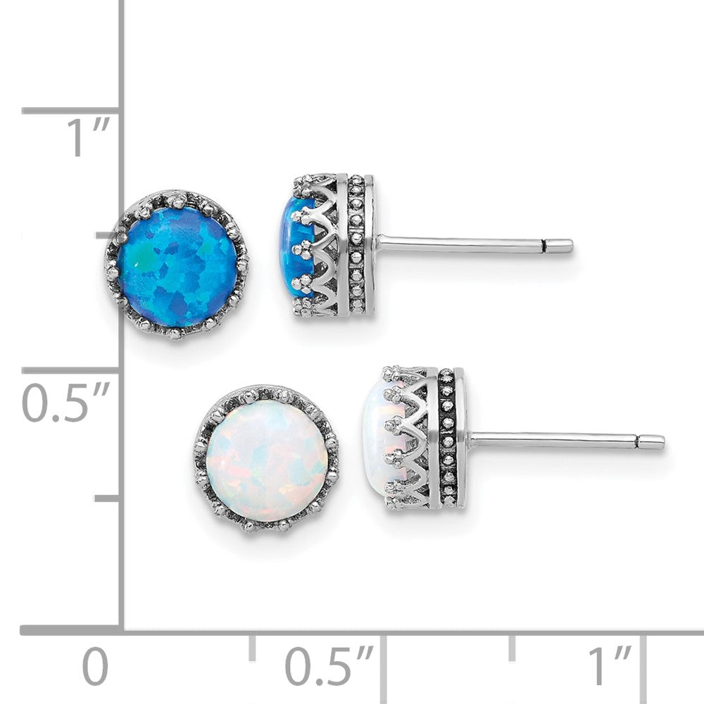 Sterling Silver Rh-plated 7mm Cr. Blue Opal / White Opal Post Earring Set - Product Photo