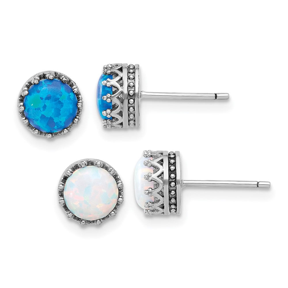 Sterling Silver Rh-plated 7mm Cr. Blue Opal / White Opal Post Earring Set - Product Photo
