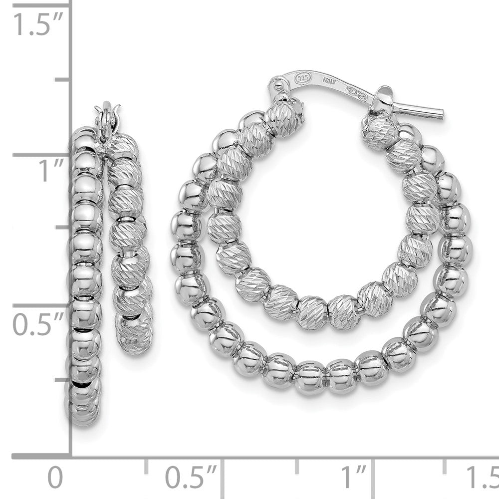 Sterling Silver Rhod-plated D/C Beaded Double Hoop Earrings - Product Photo