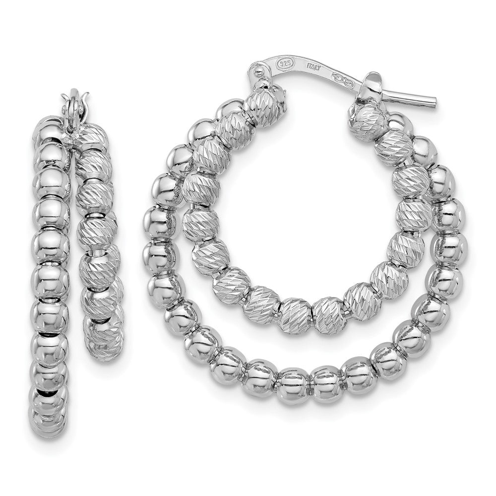Sterling Silver Rhod-plated D/C Beaded Double Hoop Earrings - Product Photo