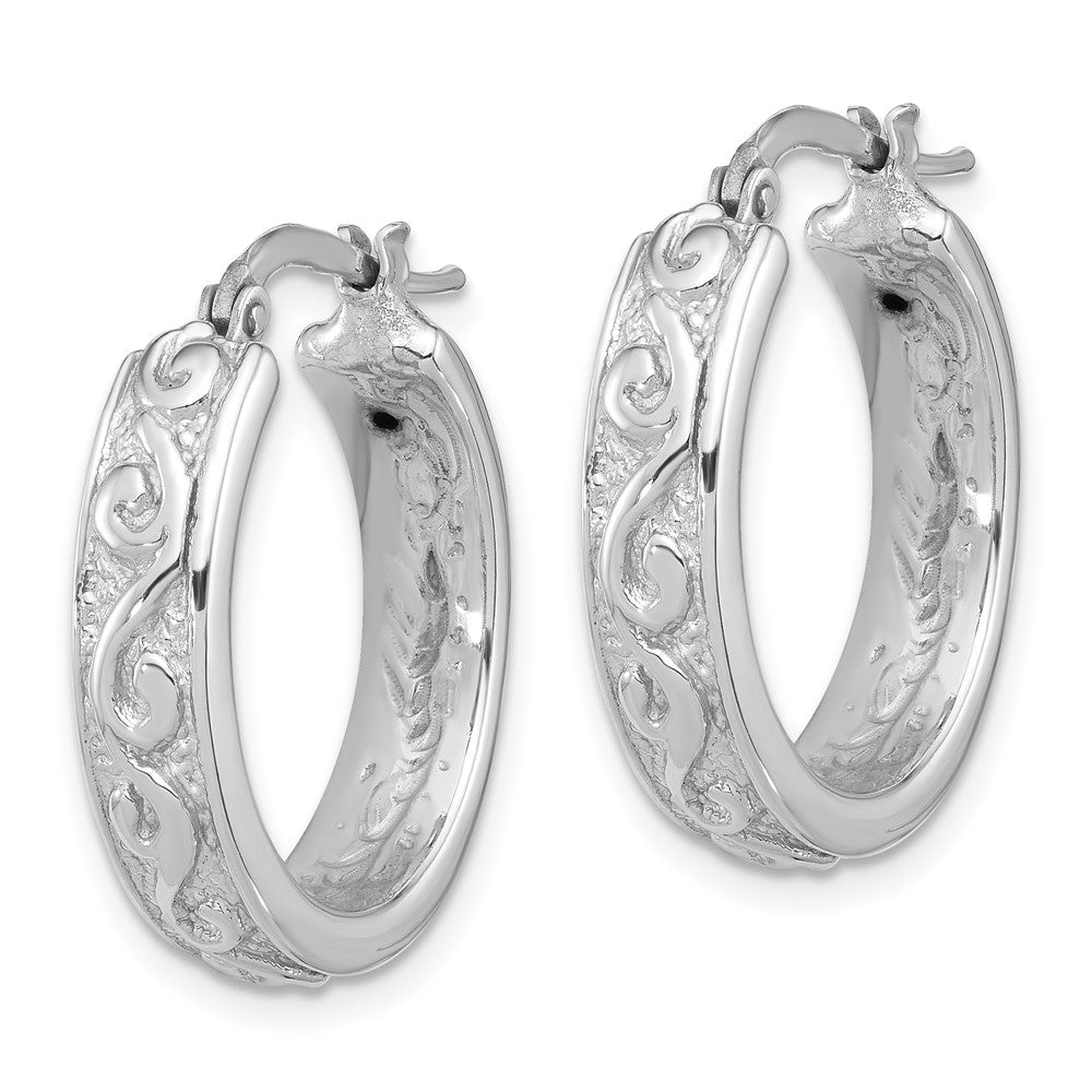 Sterling Silver Rhodium-plated Polished and Textured Round Hoop Earrings - Product Photo