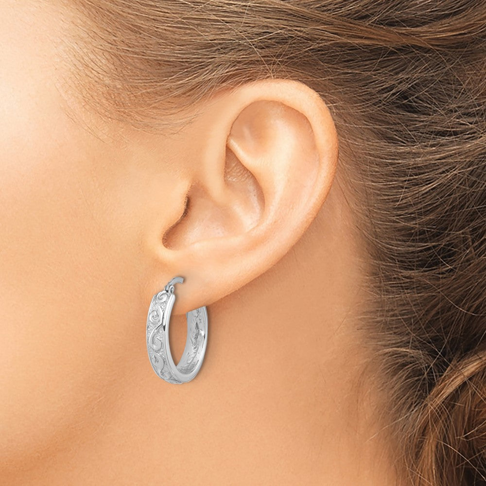 Sterling Silver Rhodium-plated Polished and Textured Round Hoop Earrings - Product Photo