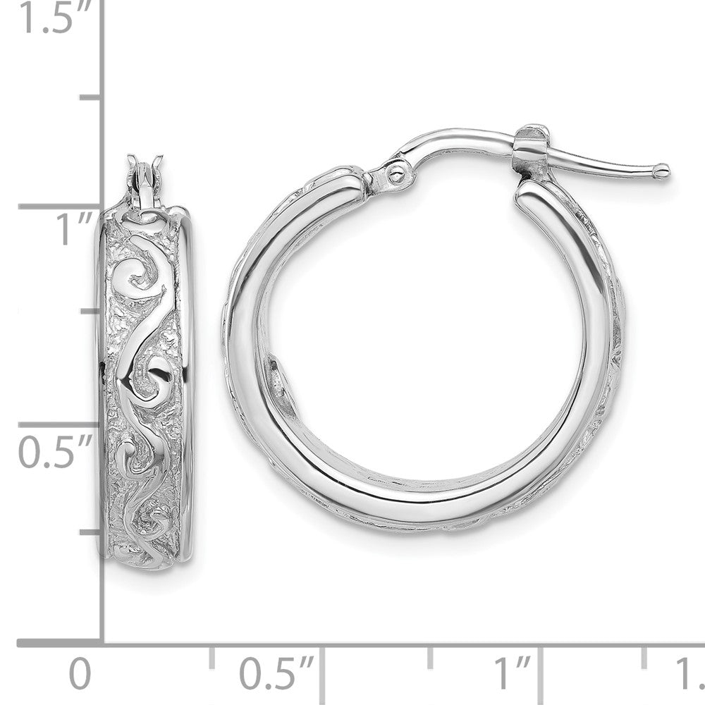 Sterling Silver Rhodium-plated Polished and Textured Round Hoop Earrings - Product Photo