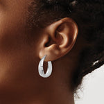 Sterling Silver RH-plated Sparkle Texture Tapered Round Hoop Earrings - Product Photo