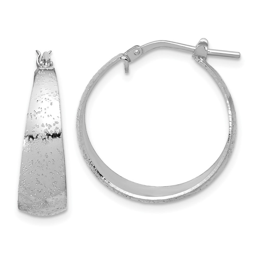 Sterling Silver RH-plated Sparkle Texture Tapered Round Hoop Earrings - Product Photo