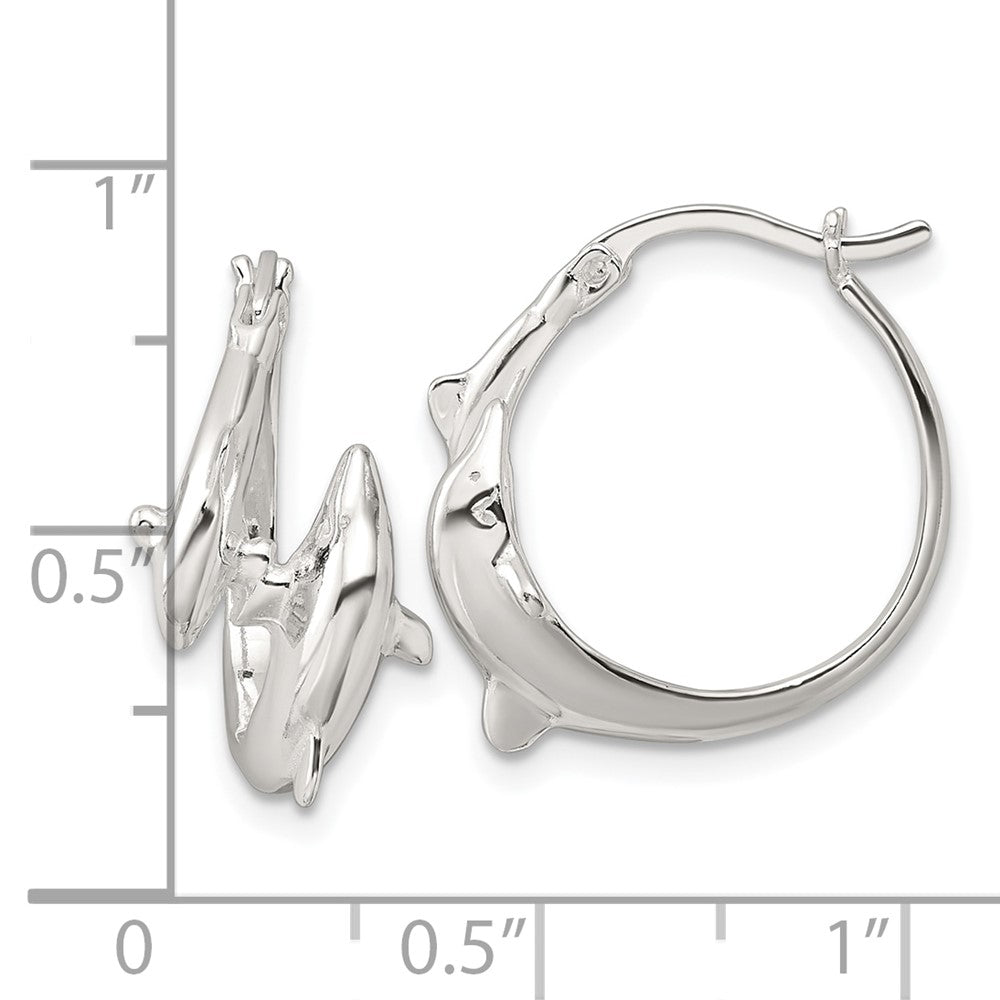 Sterling Silver Polished Dolphins Round Hoop Earrings - Product Photo