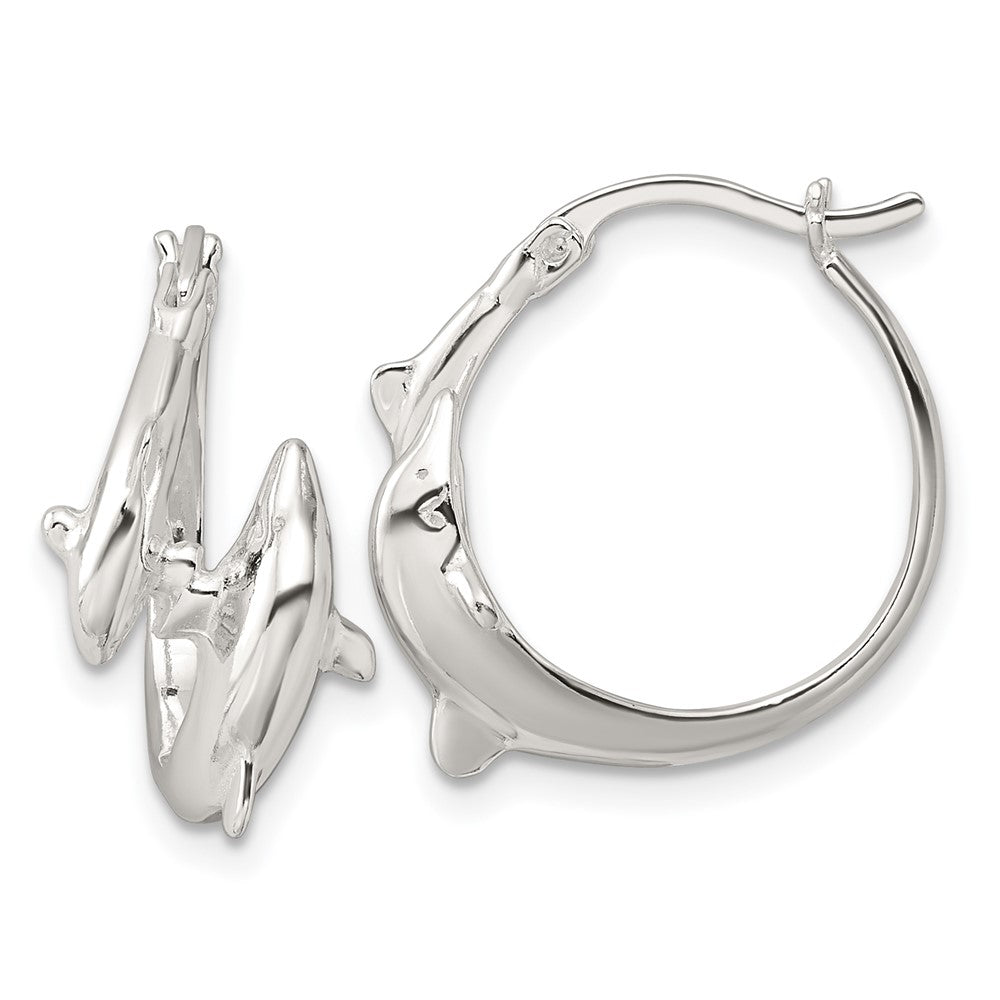 Sterling Silver Polished Dolphins Round Hoop Earrings - Product Photo