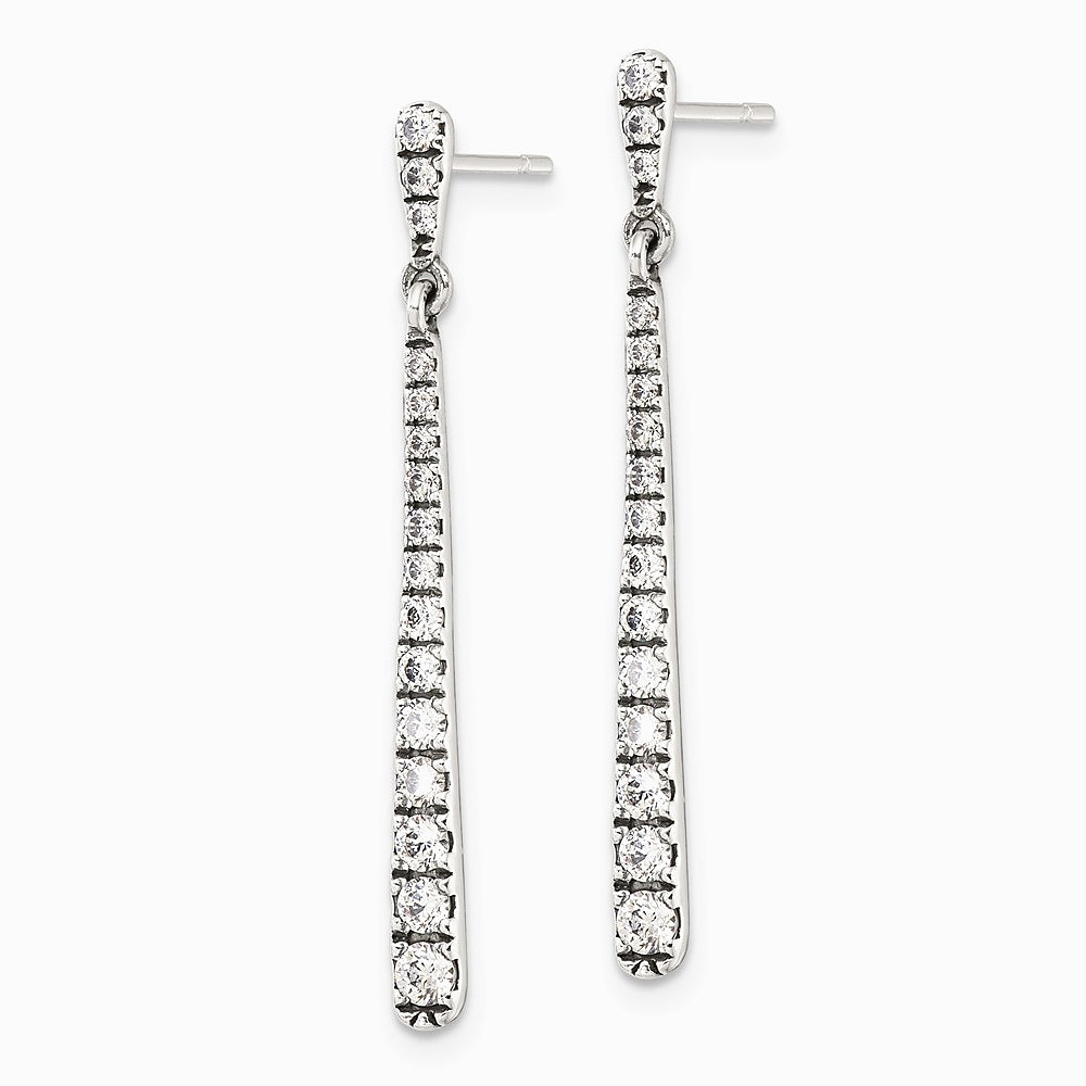 Sterling Silver Polished & Antiqued Graduated CZ Post Dangle Earrings - Product Photo