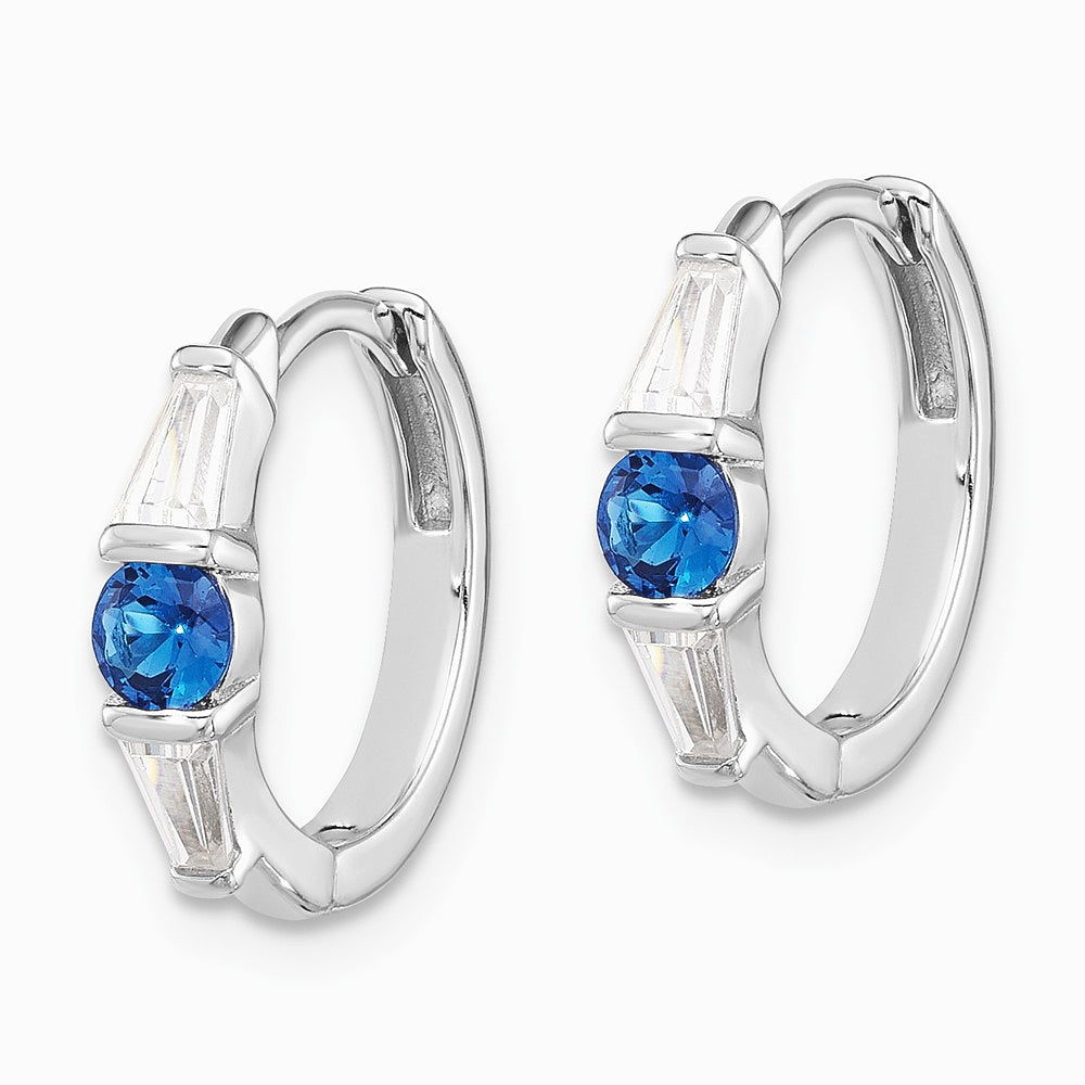 Sterling Silver Rhodium-plated Blue Spinel and CZ Hinged Hoop Earrings - Product Photo