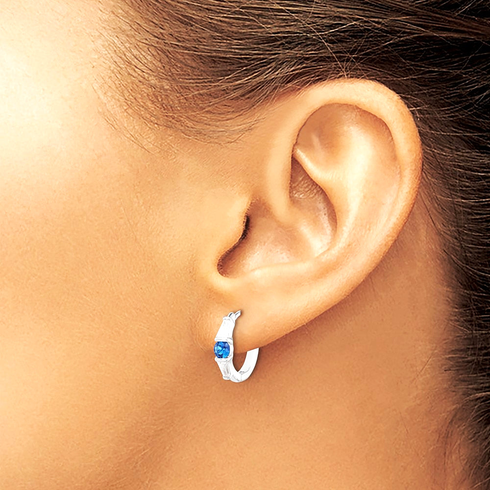 Sterling Silver Rhodium-plated Blue Spinel and CZ Hinged Hoop Earrings - Product Photo