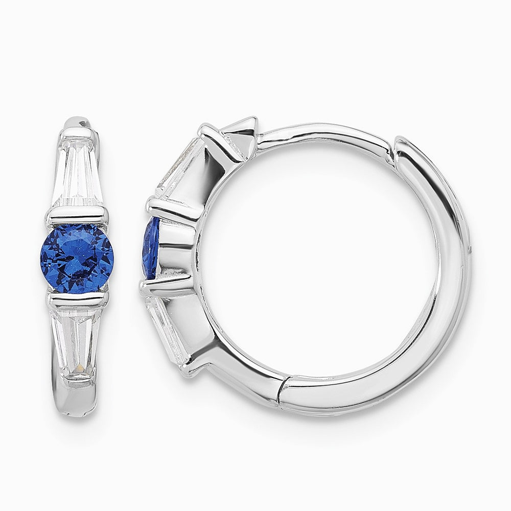 Sterling Silver Rhodium-plated Blue Spinel and CZ Hinged Hoop Earrings - Product Photo