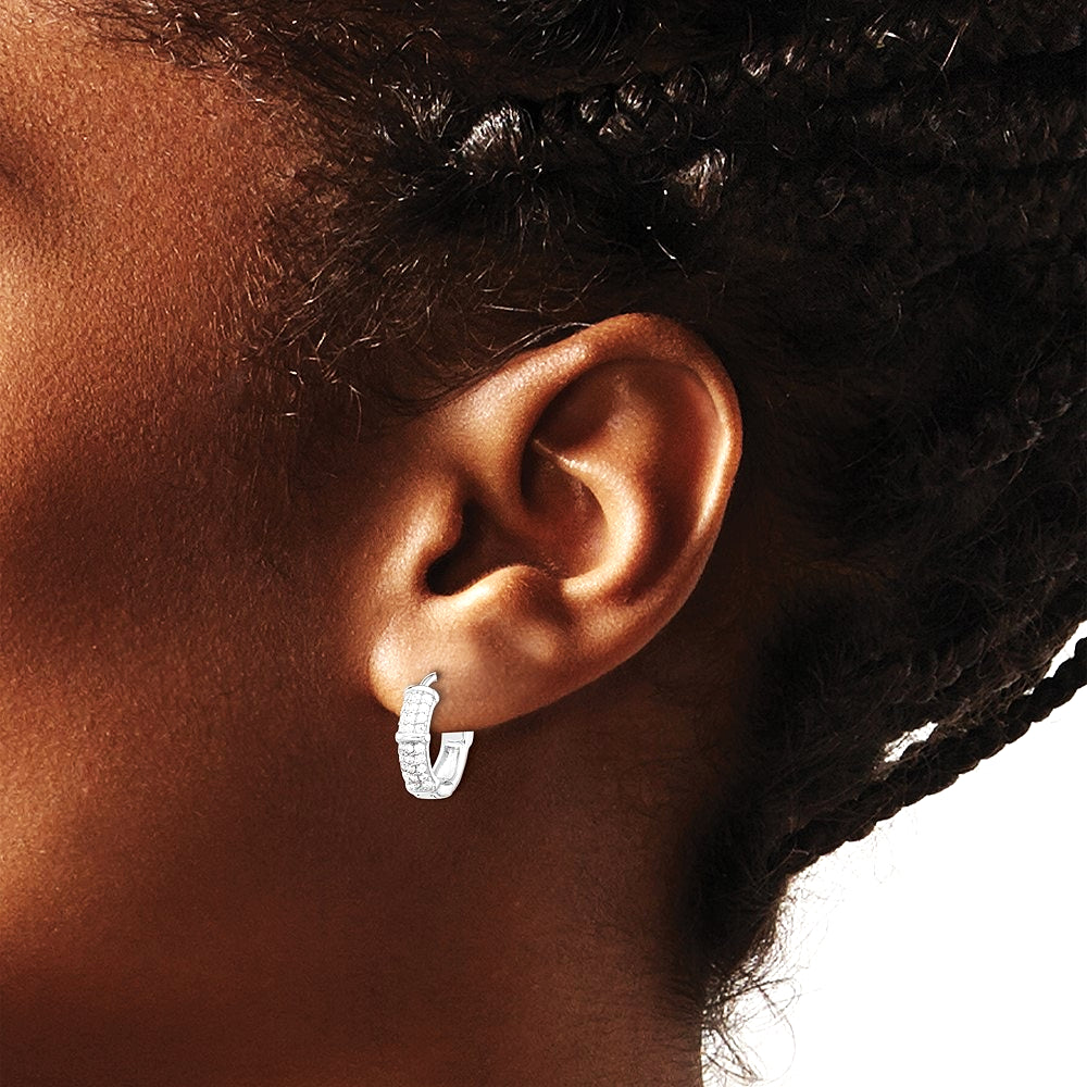 Sterling Silver Rhodium-plated 4mm CZ Hinged Huggie Hoop Earrings - Product Photo