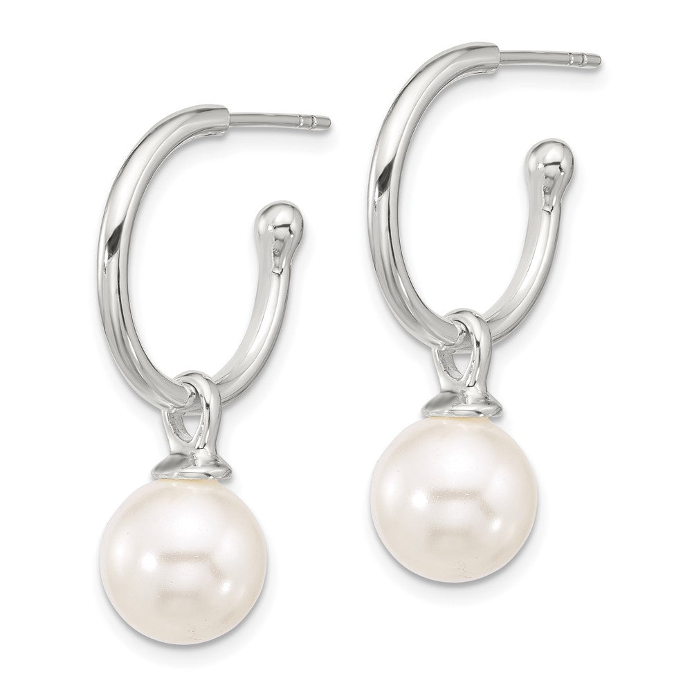 Sterling Silver Polished Dangling 10mm Glass Pearl Post C-Hoop Earrings - Product Photo