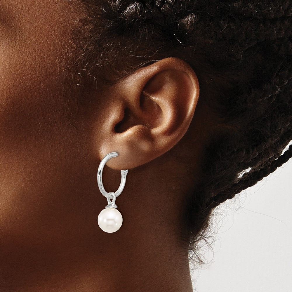 Sterling Silver Polished Dangling 10mm Glass Pearl Post C-Hoop Earrings - Product Photo