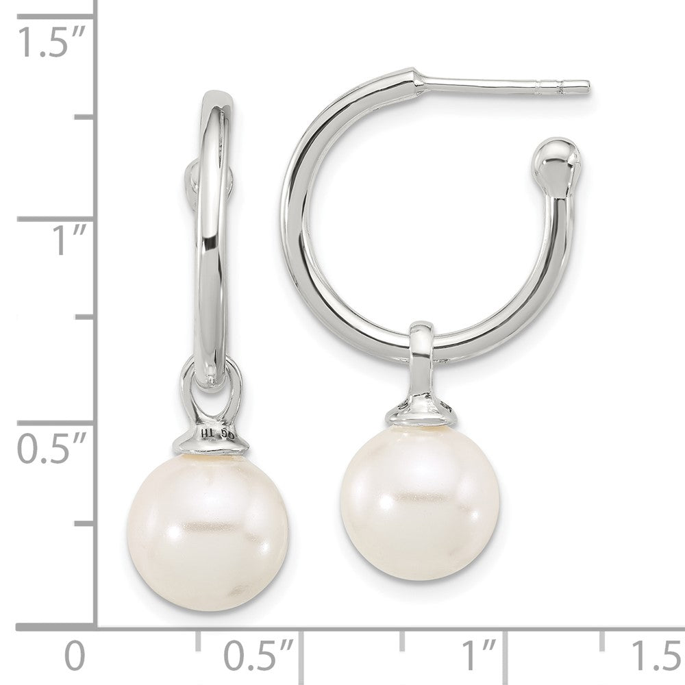 Sterling Silver Polished Dangling 10mm Glass Pearl Post C-Hoop Earrings - Product Photo