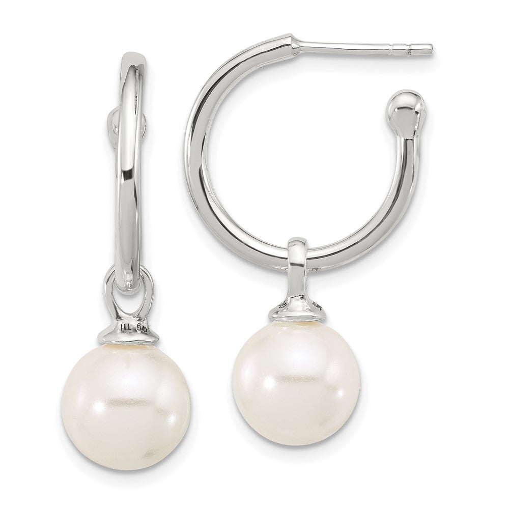 Sterling Silver Polished Dangling 10mm Glass Pearl Post C-Hoop Earrings - Product Photo