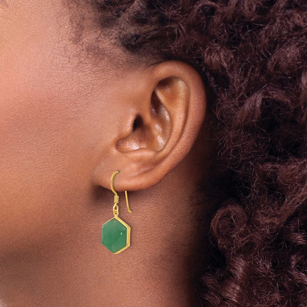Sterling Silver Gold-plated Polished Hexagon Aventurine Dangle Earrings - Product Photo
