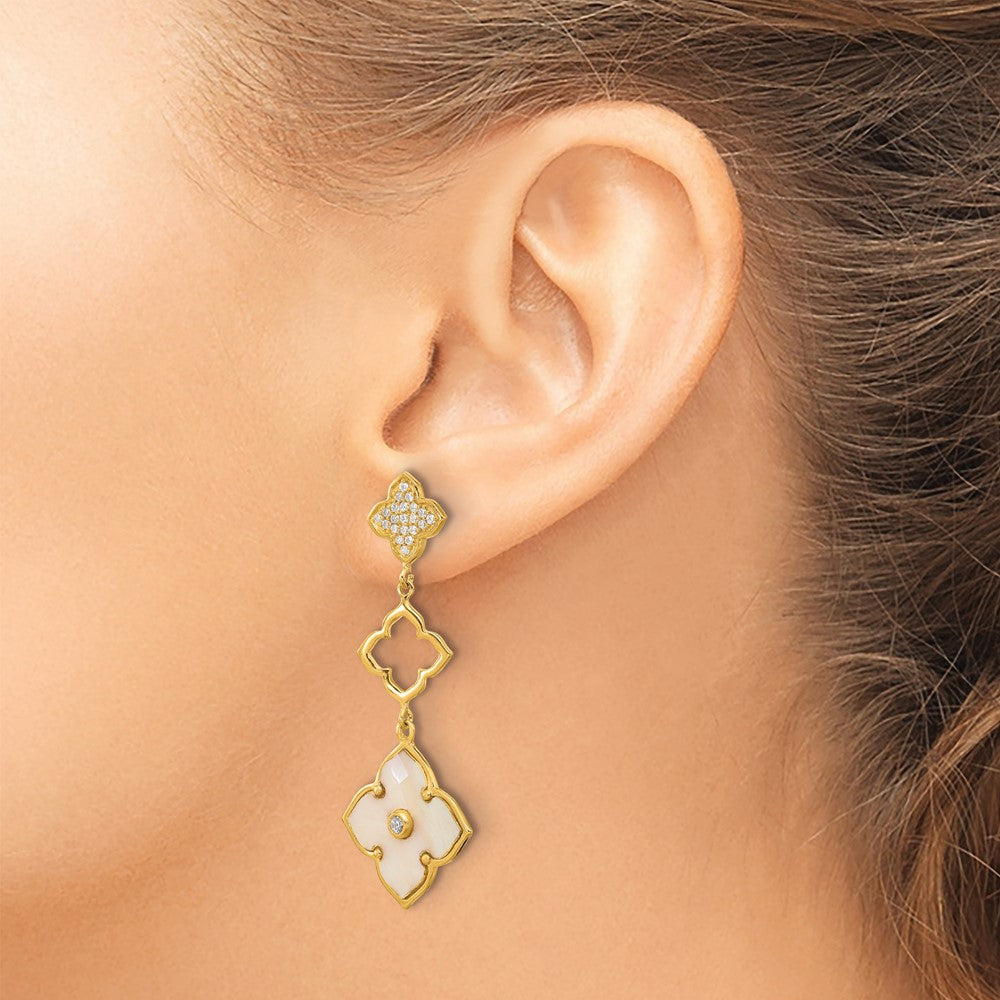 Sterling Silver Gold-tone Polished MOP & CZ Floral Post Dangle Earrings - Product Photo