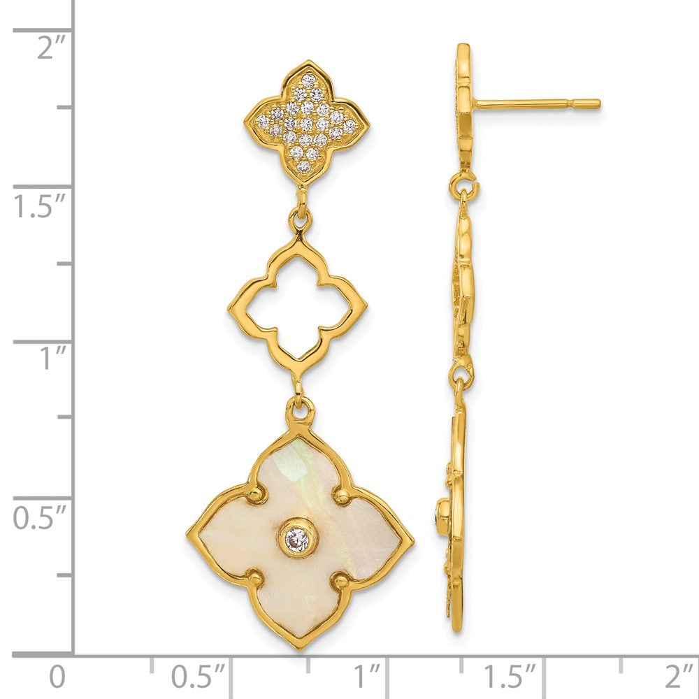 Sterling Silver Gold-tone Polished MOP & CZ Floral Post Dangle Earrings - Product Photo