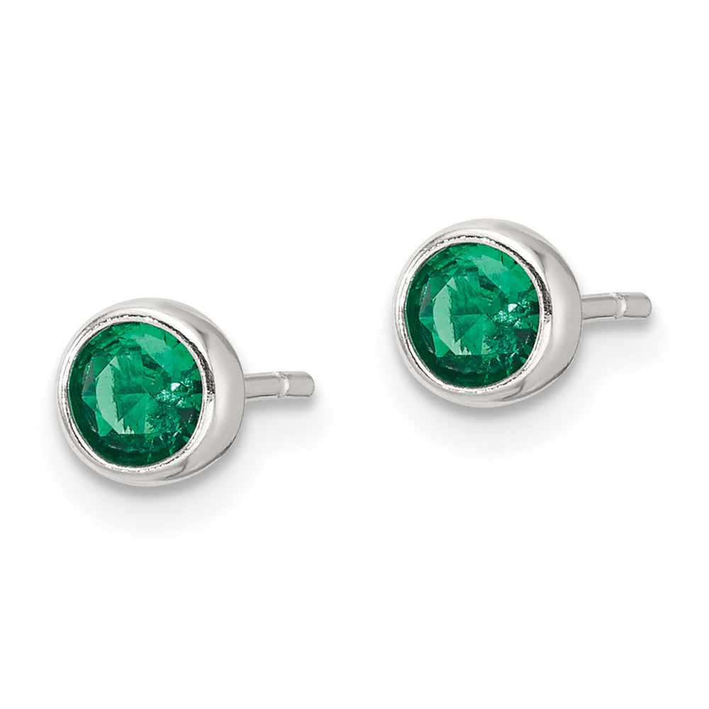 Sterling Silver Polished Green Glass Round Bezel Stud Earrings - Product Photo