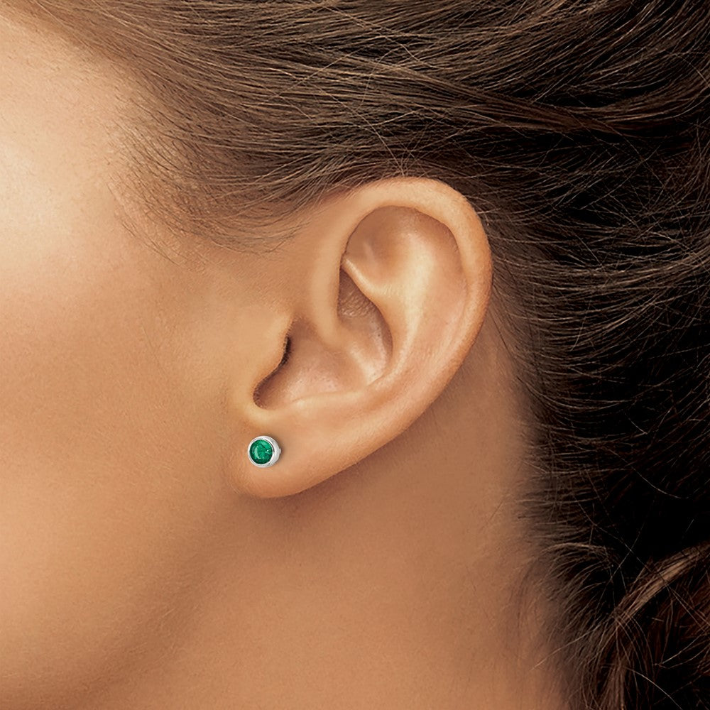 Sterling Silver Polished Green Glass Round Bezel Stud Earrings - Product Photo