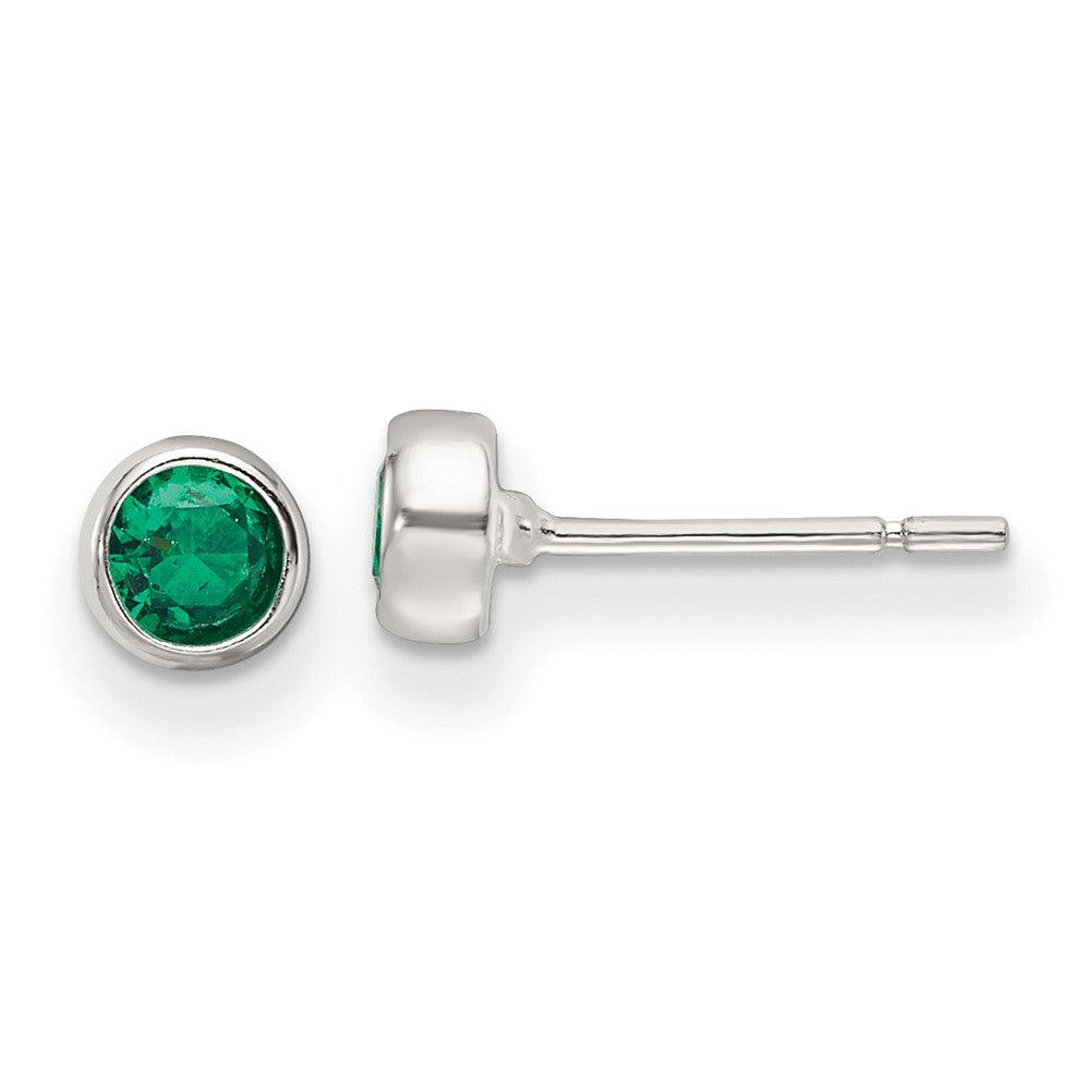 Sterling Silver Polished Green Glass Round Bezel Stud Earrings - Product Photo