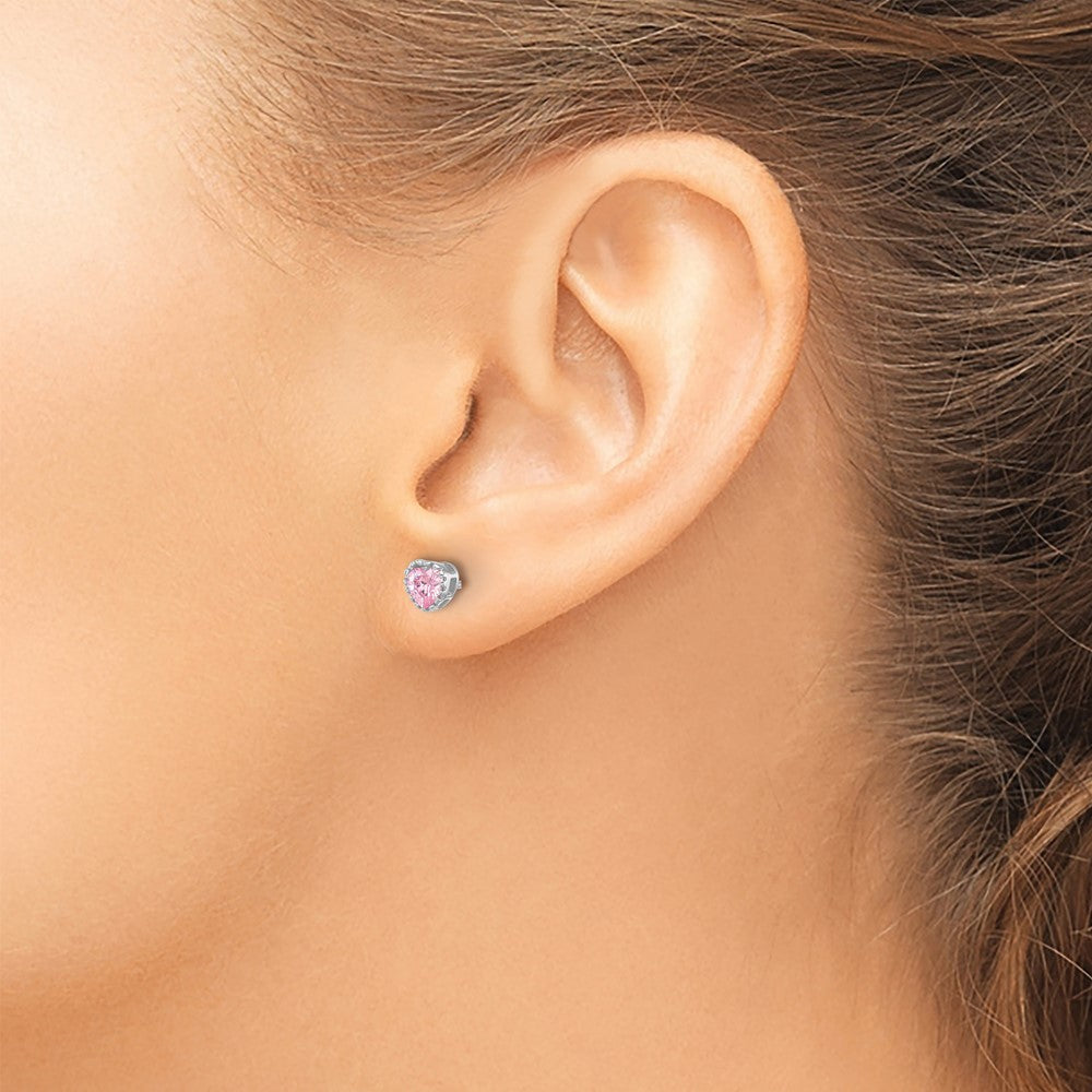 Sterling Silver Rhodium-plated Pink CZ Heart Post Earrings - Product Photo