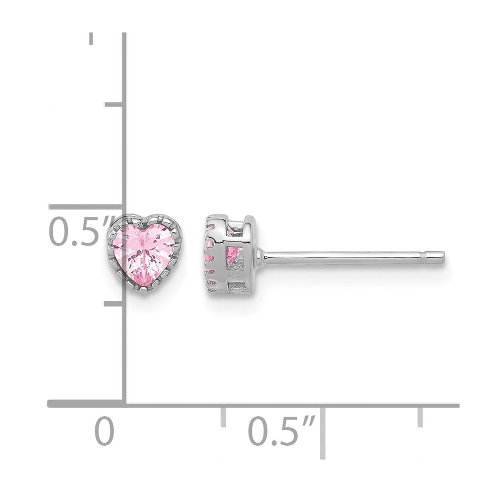 Sterling Silver Rhodium-plated Pink CZ Heart Post Earrings - Product Photo
