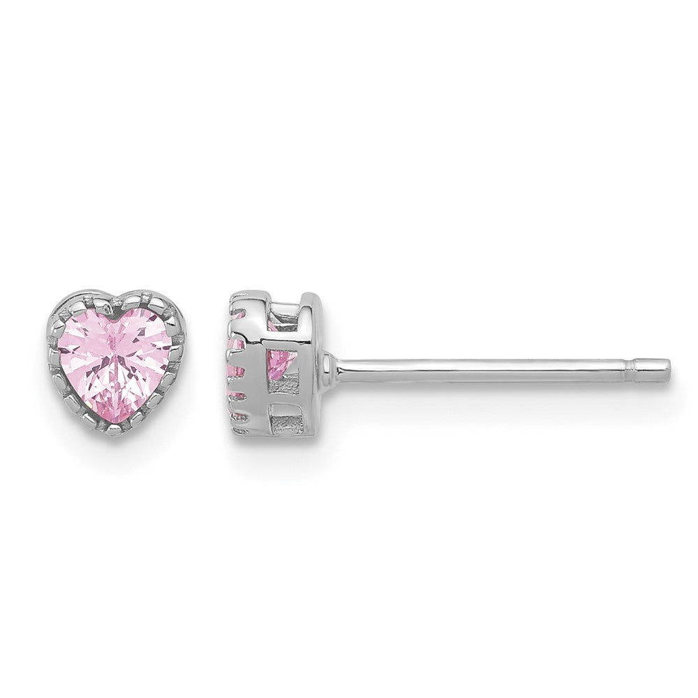 Sterling Silver Rhodium-plated Pink CZ Heart Post Earrings - Product Photo