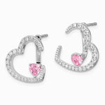 Sterling Silver Rh-plated White and Pink CZ Heart w/ Jacket Post Earrings - Product Photo