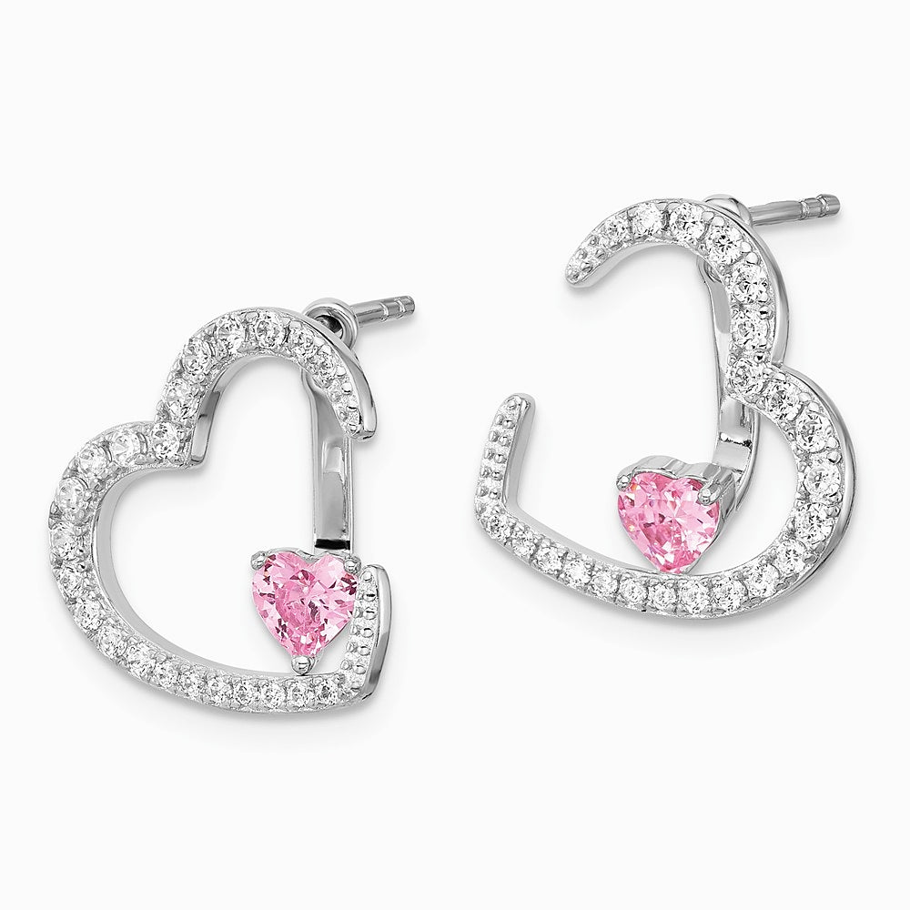 Sterling Silver Rh-plated White and Pink CZ Heart w/ Jacket Post Earrings - Product Photo