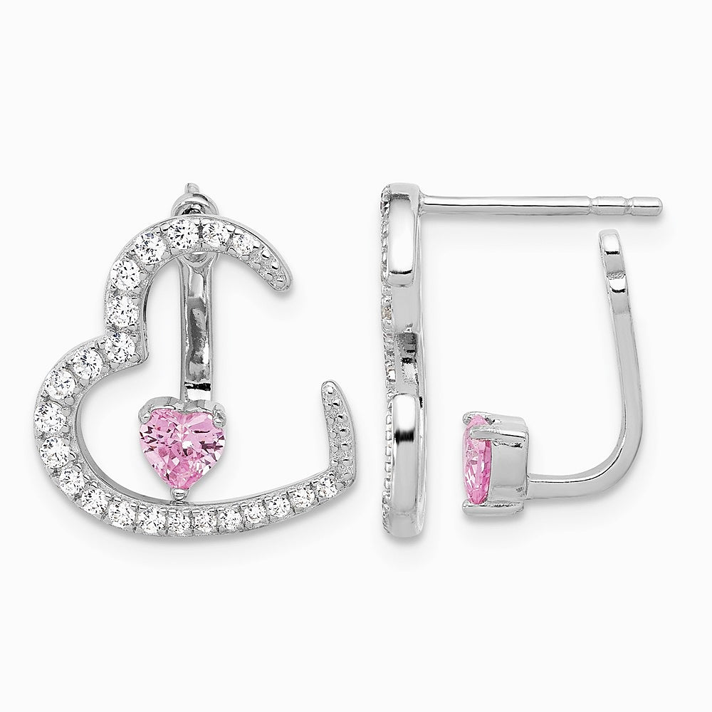 Sterling Silver Rh-plated White and Pink CZ Heart w/ Jacket Post Earrings - Product Photo