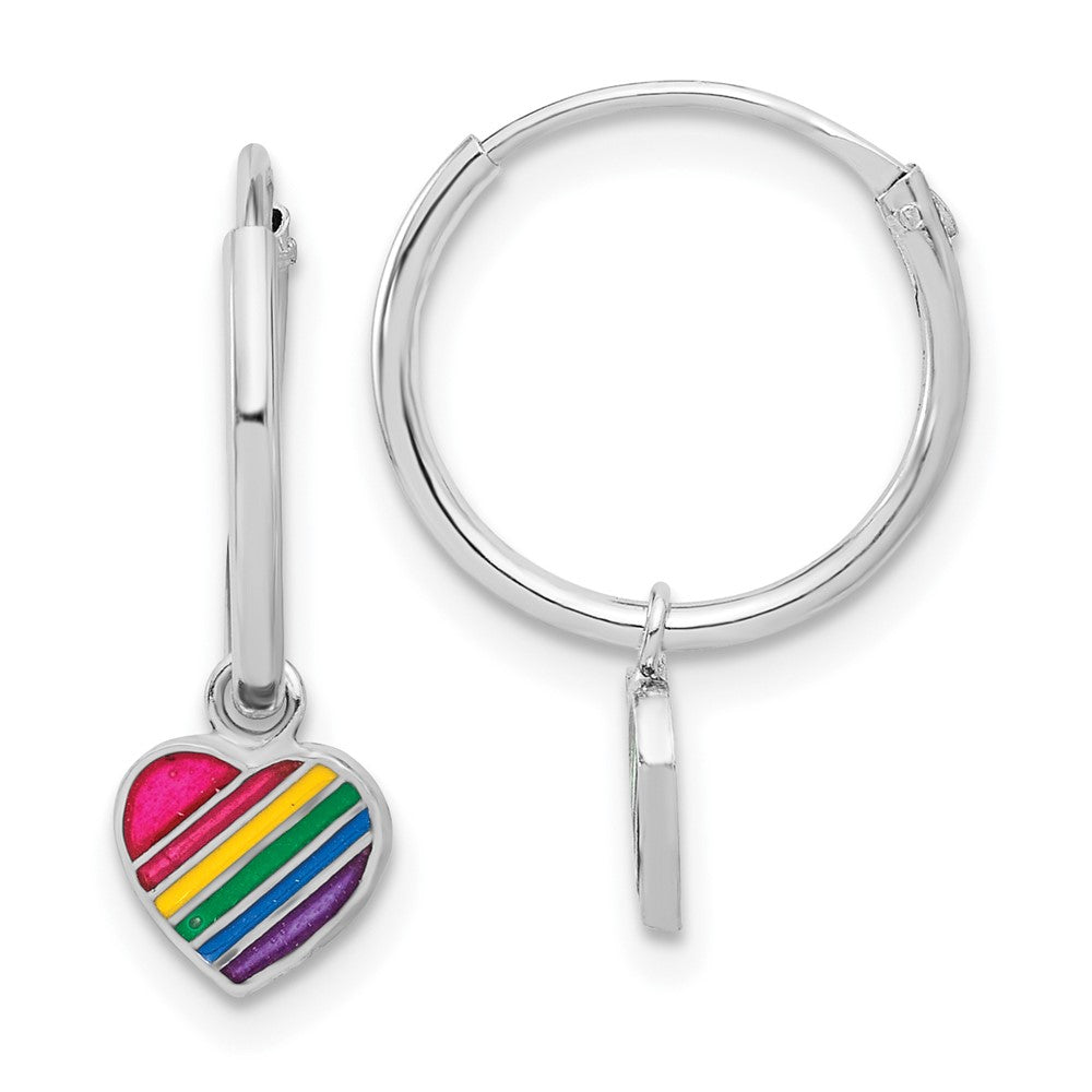 Sterling Silver Rh-plt Enamel Rainbow Heart Dangle Eternity Hoop Earrings - Product Photo