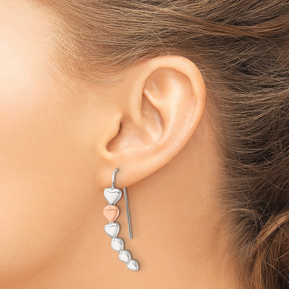 Sterling Silver and Rose-tone Polished Heart Shepherd Hook Earrings - Product Photo