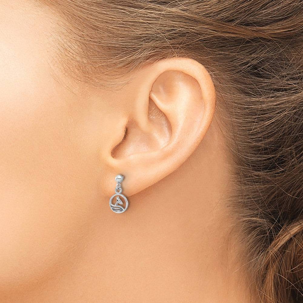 Sterling Silver Rhodium-plated Whale/Dolphin Tail Post Dangle Drop Earrings - Product Photo