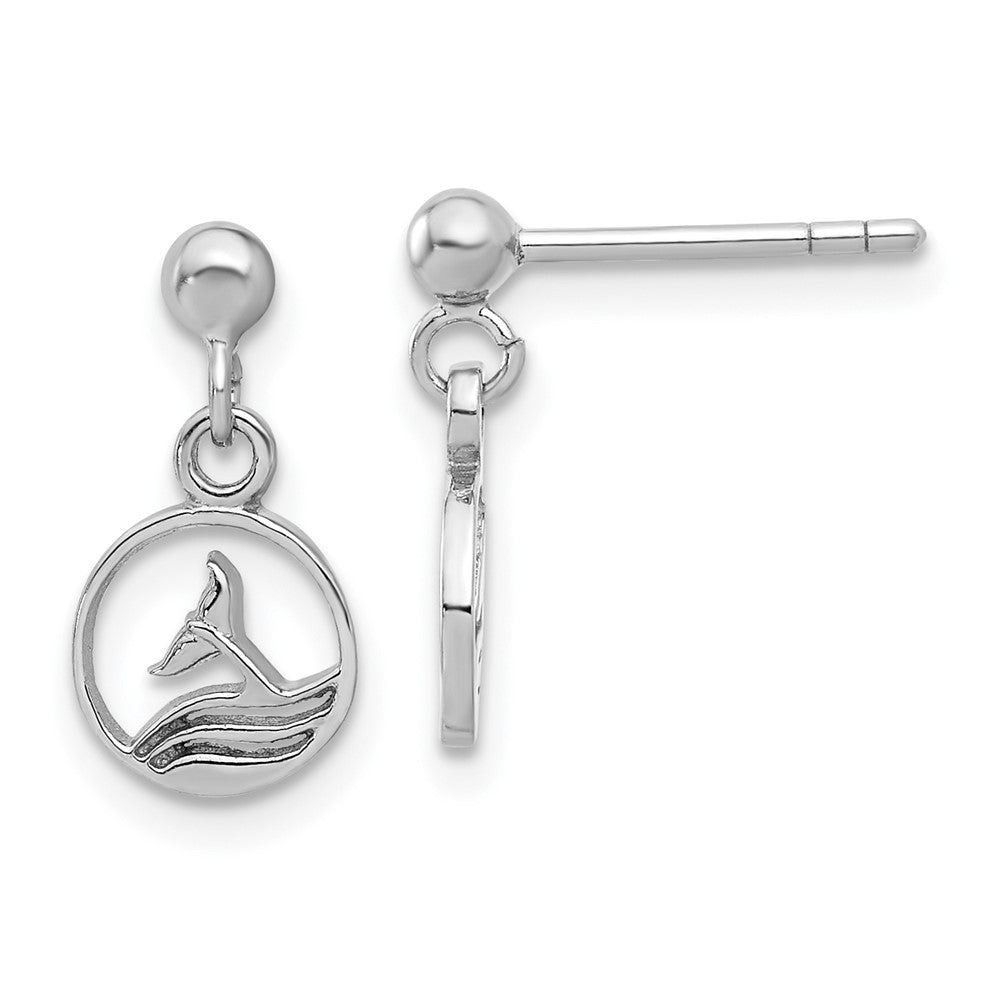 Sterling Silver Rhodium-plated Whale/Dolphin Tail Post Dangle Drop Earrings - Product Photo