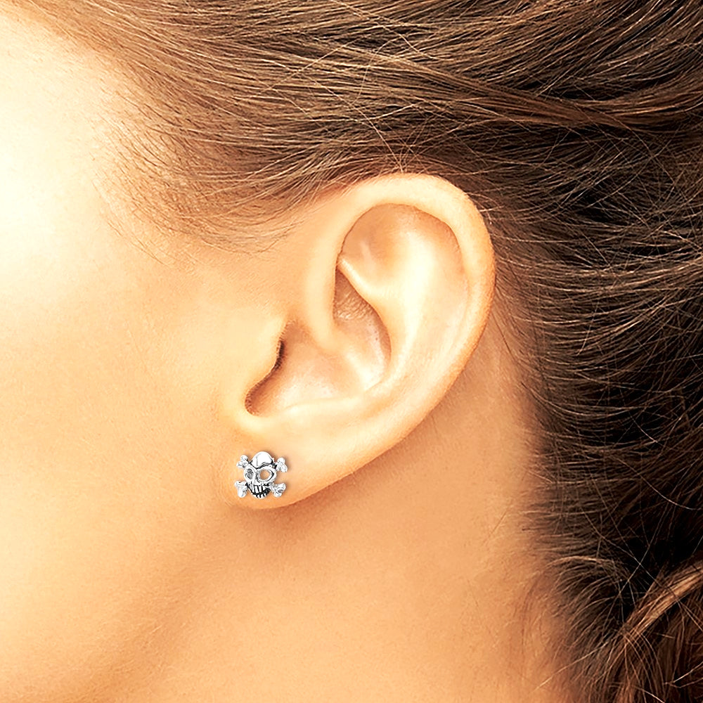 Sterling Silver Rhodium-plated Antiqued Skull and Crossbones Post Earrings - Product Photo