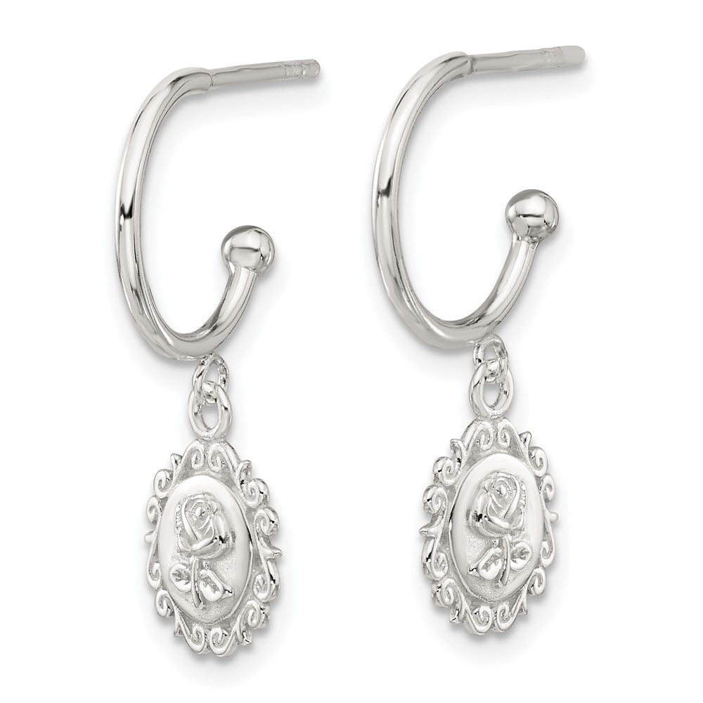 Sterling Silver E-coated Rose Dangle Post Hoop Earrings - Product Photo