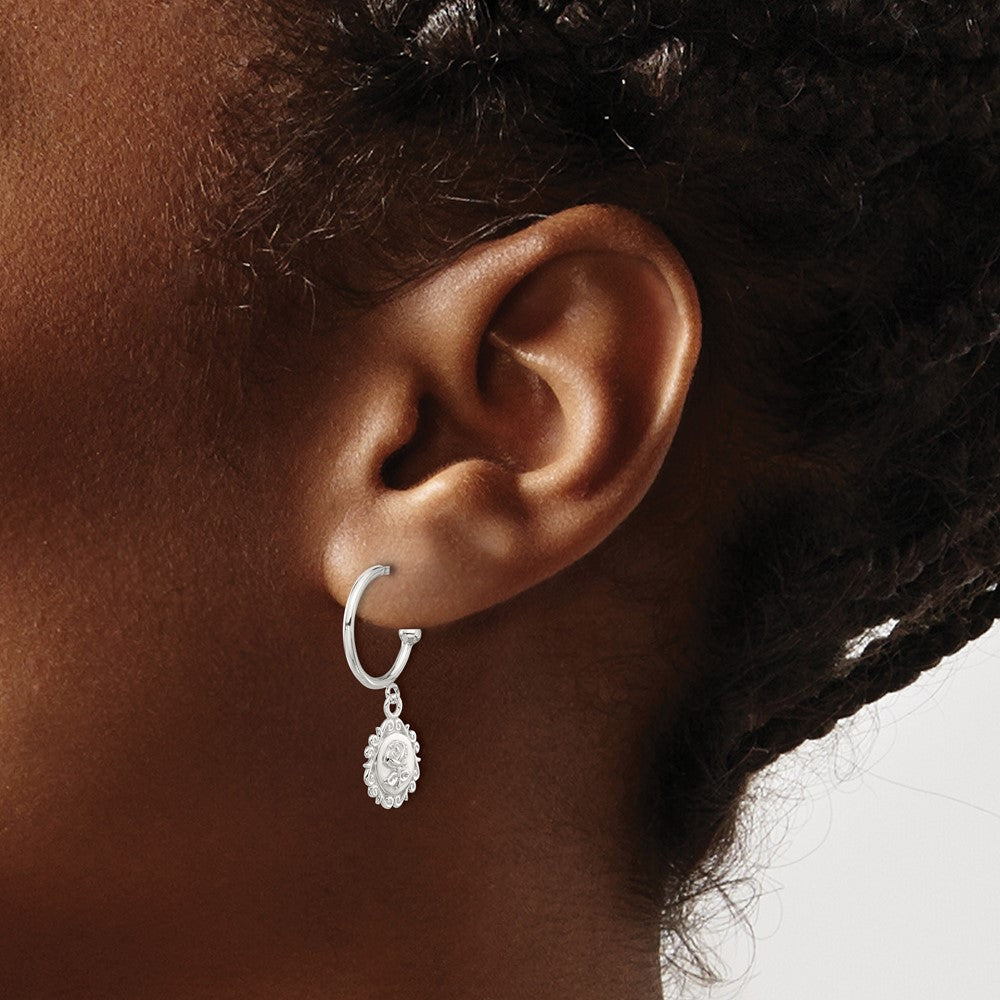 Sterling Silver E-coated Rose Dangle Post Hoop Earrings - Product Photo