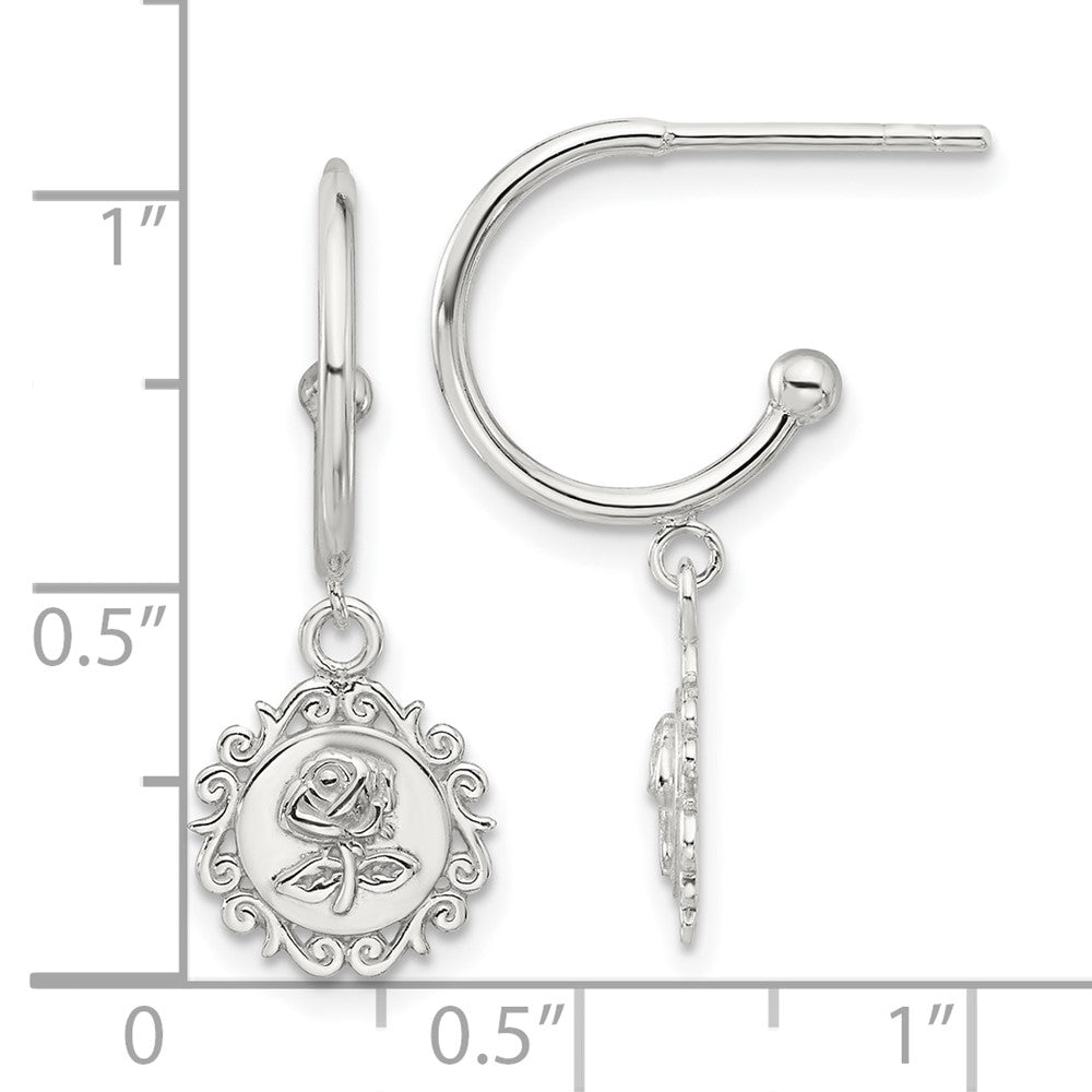 Sterling Silver E-coated Rose Dangle Post Hoop Earrings - Product Photo