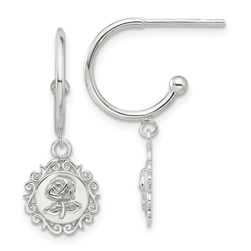 Sterling Silver E-coated Rose Dangle Post Hoop Earrings - Product Photo